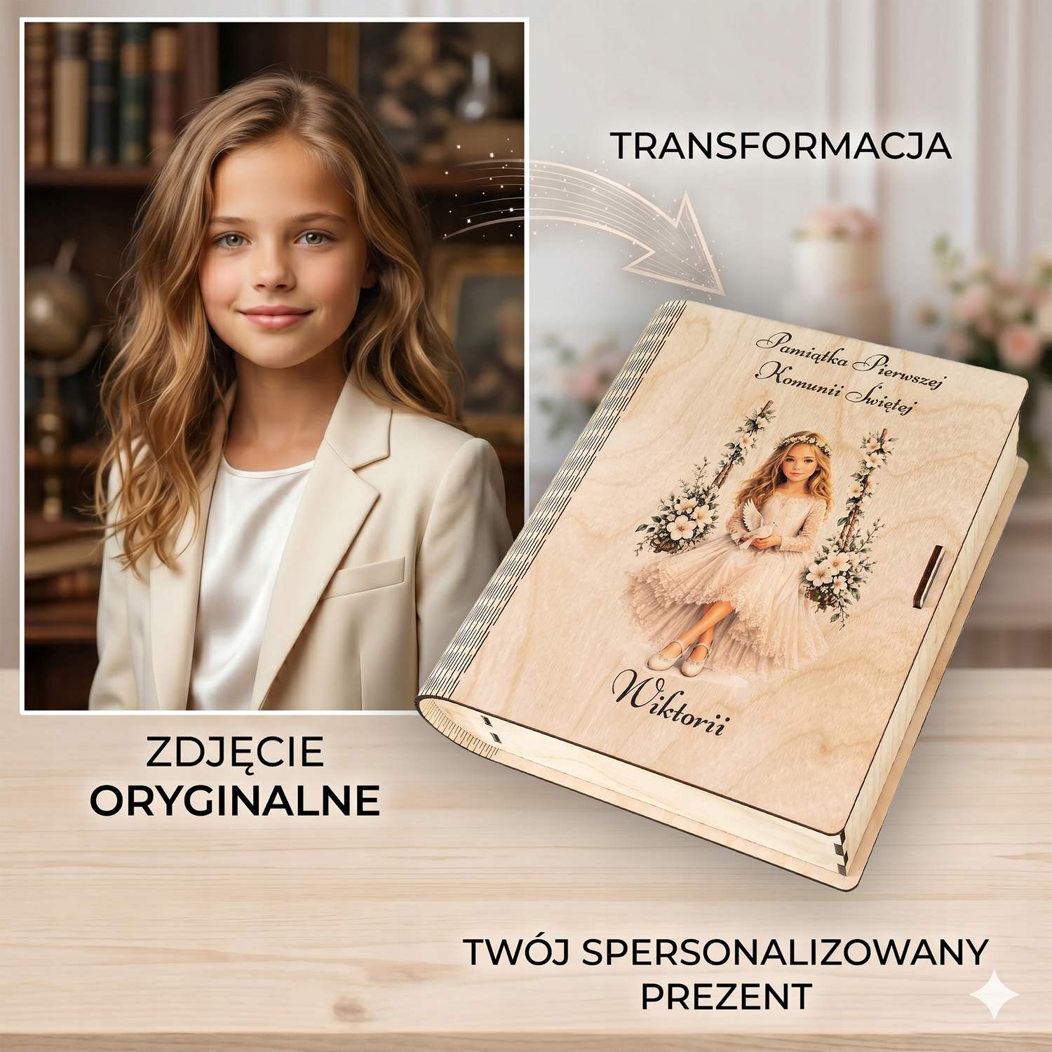Przykład przekształcenia zdjęcia dziewczynki w grafikę na pudełku komunijnym