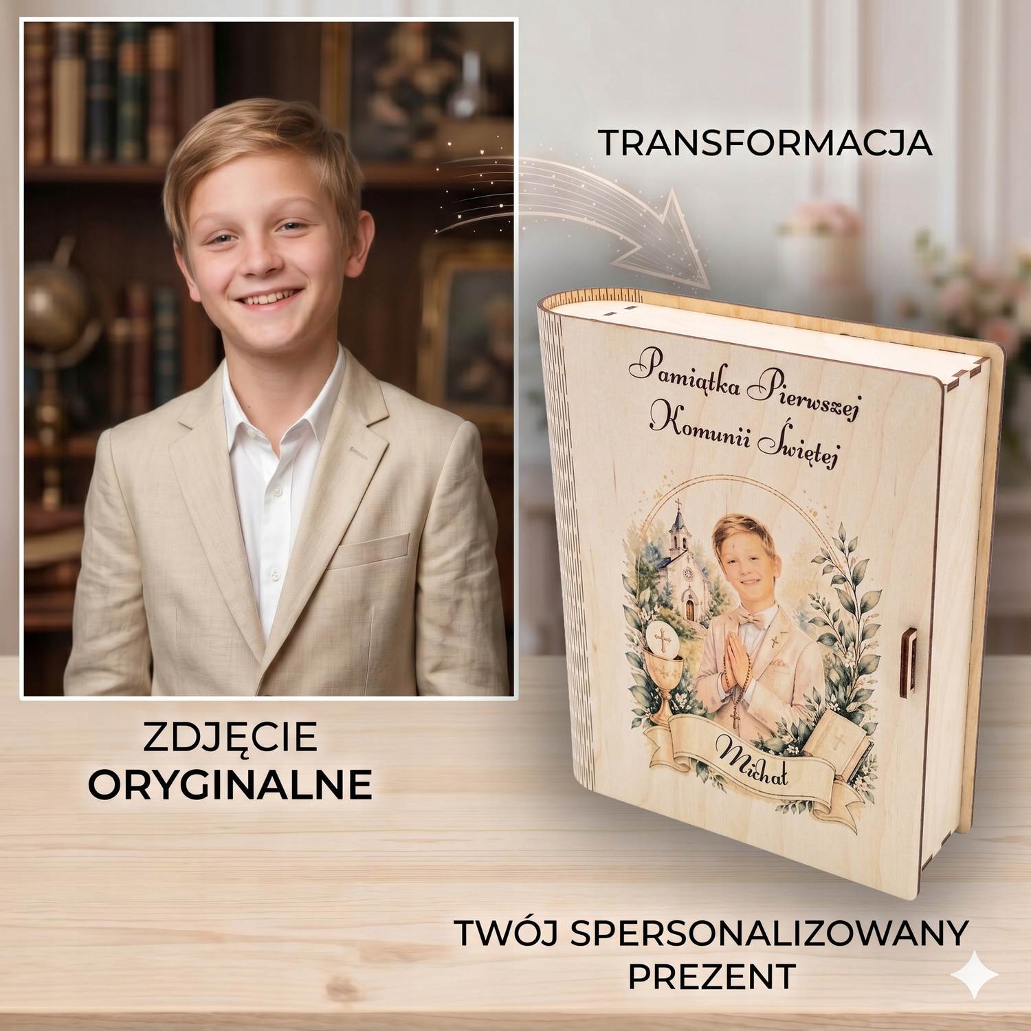 Przykład przekształcenia zdjęcia chłopca w grafikę na pudełku komunijnym